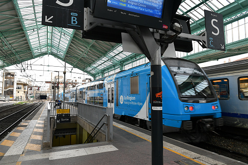 Valence, France-02 21 2024: Train leaving the Valence-Ville railroad station, France.