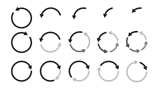 Different circular arrows collection of black color. Rotate arrow and spinning loading symbol. Circular rotation loading elements, redo process.