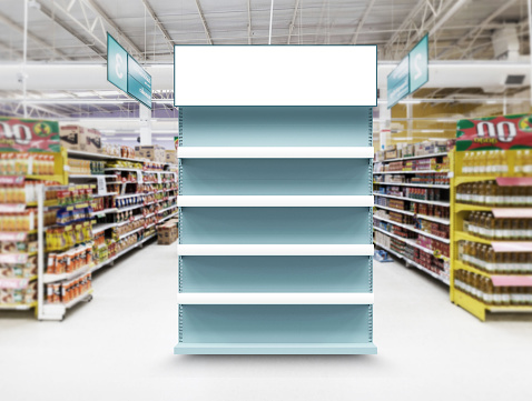 Superstore product display standing unit end cap shelf with header LED. 3D Illustration