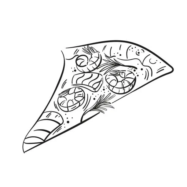 Vector illustration of Hand drawn vector slice of seafood pizza topped with cheese, shrimp, salmon, greenery . Doodle style illustration. For food menu, cafe, restaurant, menu, design, flyer, web