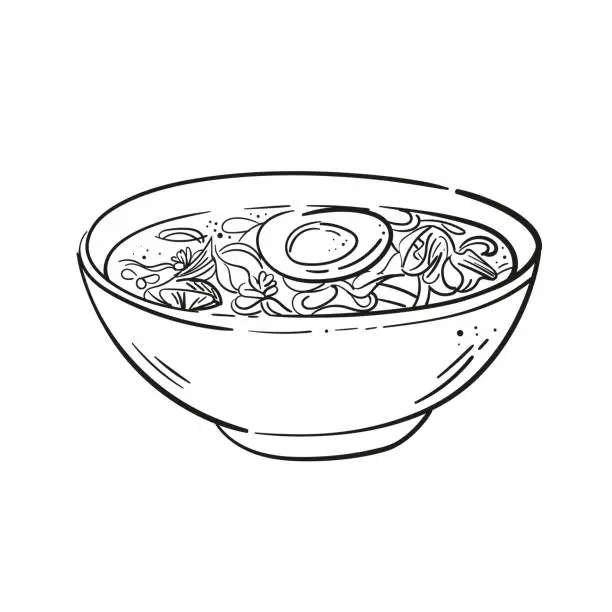 Vector illustration of Chicken soup with noodles and egg in a bowl sketch. Doodle style illustration. International soup day. Menu, design, web.