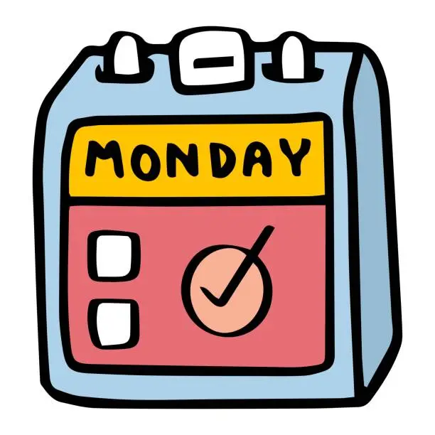 Vector illustration of cartoon calendar page icon marked “Monday” with a checkmark, symbolizing task completion or an important event scheduled on that day.
