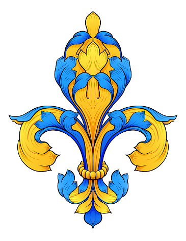 A Fleur de lis lily flower floral coat of arms royal heraldry crest design in a filigree style.