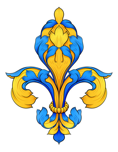 Fleur De Lis Flower Heraldry Lily Floral Crest A Fleur de lis lily flower floral coat of arms royal heraldry crest design in a filigree style. clip art of illuminated letter a stock illustrations
