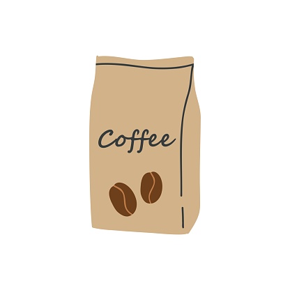 Craft paper bag with coffee.Hand drawn paper bag with coffee bean.Flat vector illustration isolated on white background