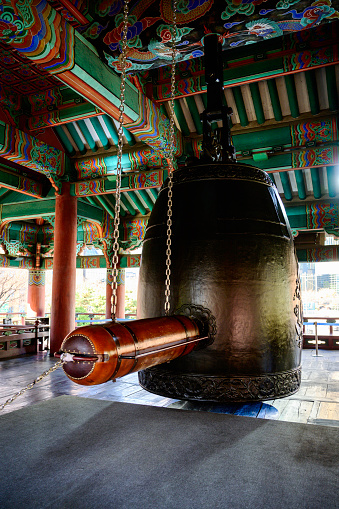 Seoul Korea Landmark Historic Architecture of Jong-Gag, the Pavilion with Bosingak Ornate Bell, once used for telling time