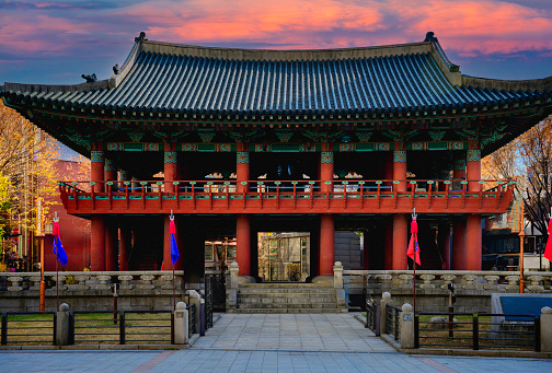 Seoul Korea Landmark Historic Architecture of Jong-Gag, the Pavilion with Bosingak Ornate Bell, once used for telling time