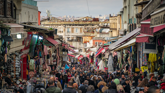 Crowded street full of people in Istanbul outdoor Market.