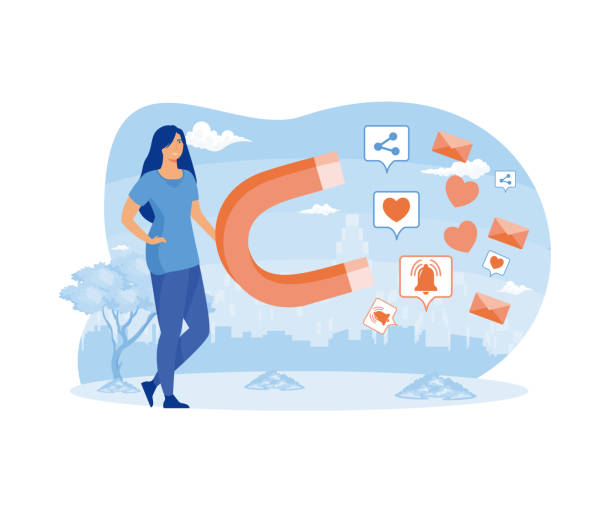 illustrations, cliparts, dessins animés et icônes de concept d’influence des médias sociaux. marketing d’influence. femme avec un gros aimant influençant les gens. illustration moderne vectorielle plate - magnet magnetic field persuasion power