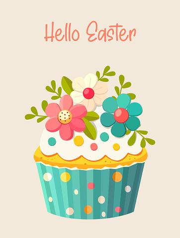 Easter card. Cute illustration with cupcake and flowers. Vector template