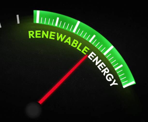 istock Renewable Energy cnocept background with speedometer needle on green glowing design and typography. 2052687375