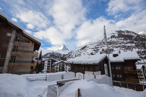 Beautiful sky hangs over the Matterhorn as seen from ski resort of Zermatt