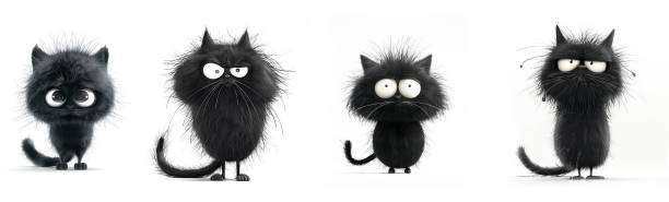 Collection of different black cats for design, on white background. Stickers
