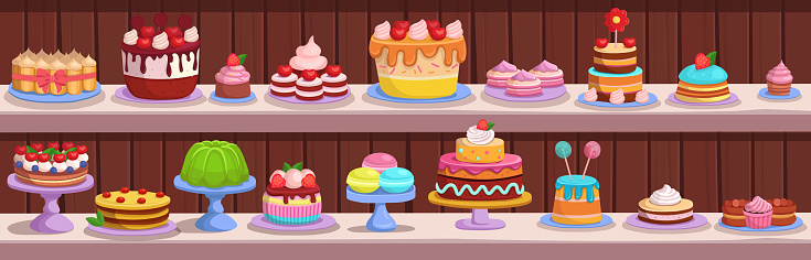 Candy store. Pastry and cake shop. cakes and pastries are on the shelves. Set of holiday cakes and pastries.
 Happy birthday illustration in cartoon style