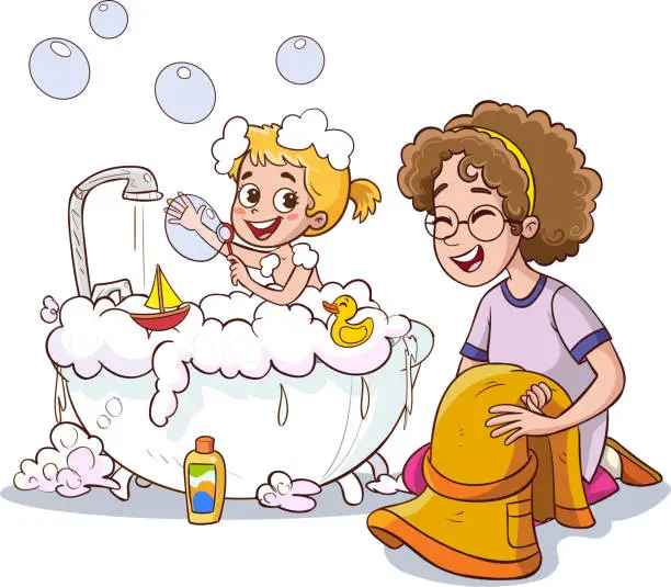 Vector illustration of Vector illustration of girl taking bath in bathtub.