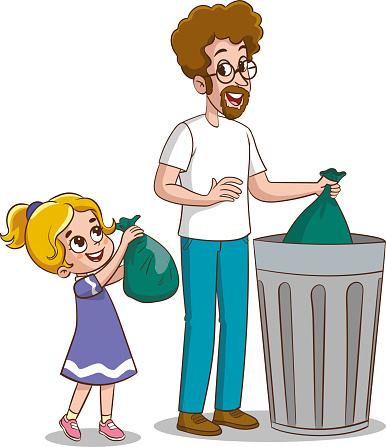 Cartoon father and child throwing garbage into the trash can Vector illustration.