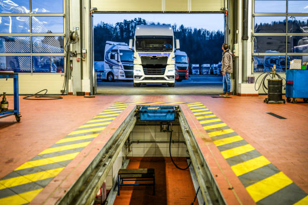 Interior of truck truck repair shop.