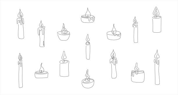 illustrazioni stock, clip art, cartoni animati e icone di tendenza di set di varie candele con fiamme in stile line art. candele decorative accese. disegno continuo su una linea. isolato su sfondo bianco. elemento di design per stampa, saluto, cartolina, scrapbooking. - candle tea light candlelight white background