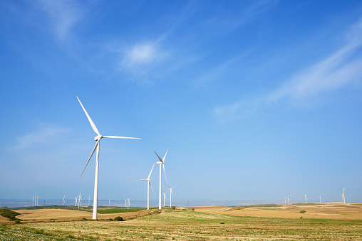 Wind turbines for electric power production, Zaragoza province, Aragon in Spain.