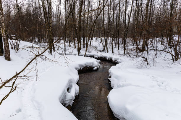 istock Landscape with a small river in the woods covered with snow. 2052763064