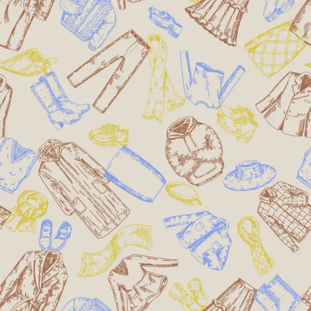 Vector illustration of Clothes seamless pattern. Ornament of apparel, shoes, accessories. Retro engraving style design.