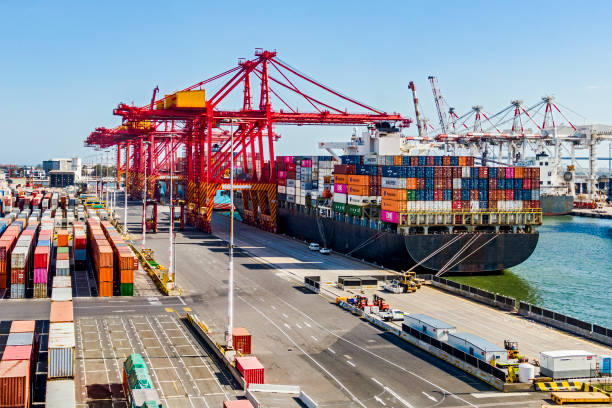 Elevated view container ship loading/unloading Port of Melbourne Swanson Dock Elevated view container ship loading/unloading Port of Melbourne Swanson Dock container terminal. Three moored container ships are being loaded/unloaded by a row of red gantry cranes on the left with a row of white cranes on the right of frame. Also to the left are rows of multi-coloured stacked containers waiting for transportation. Multiple logos visible, none dominant, distinctive ID and ship/vessel names edited. container stock pictures, royalty-free photos & images