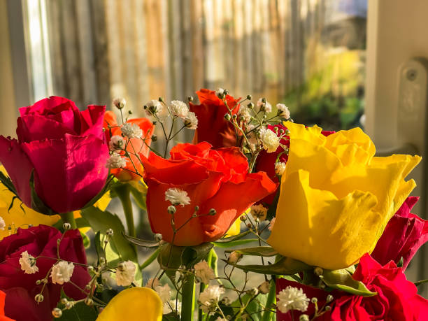 vase with bouquet of beautiful fresh roses near window, closeup - store flower bouquet florist photos et images de collection