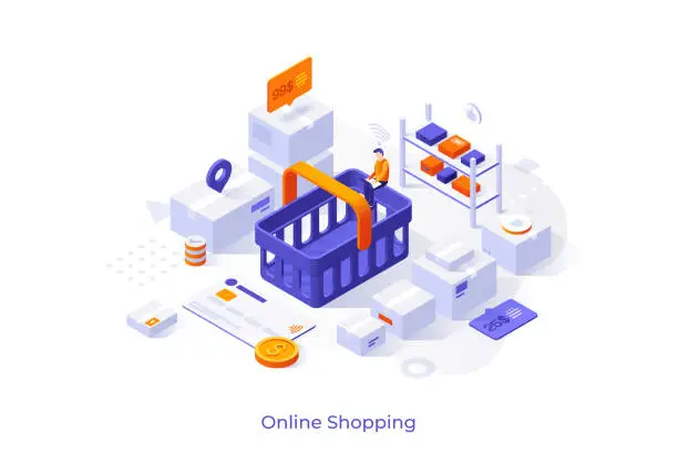 Vector illustration of Conceptual template with customer sitting on shopping basket and making order in internet store. Scene for buying online, electronic retail. Modern isometric vector illustration for advertising.