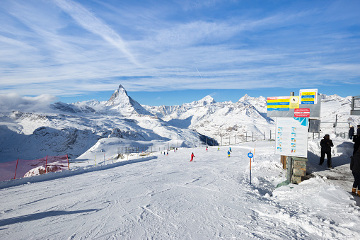 Snowy scene of the Matterhorn in Switzerland near Zermatt on a clear and beautiful day
