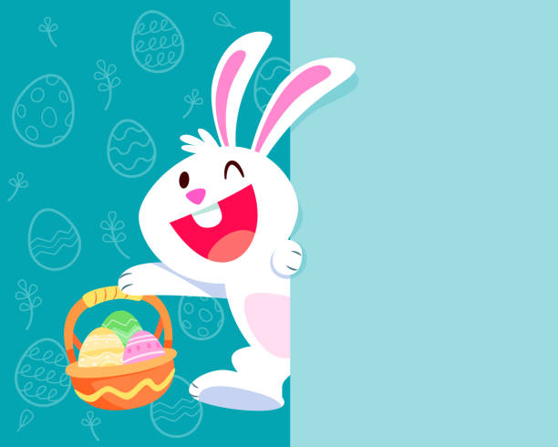 illustrations, cliparts, dessins animés et icônes de lapin de pâques avec panier d’oeufs sur le côté de l’espace vide - lapin de pâques