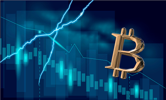 Bitcoin failing graph crypto currency. Coin B symbol finance economy banking system. Blockchain extra crash with lightning negative forecast for decline in value vector illustration.