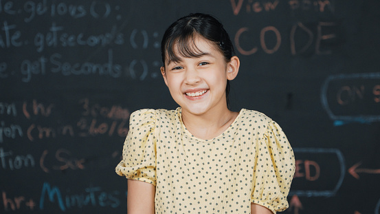 Cute happy girl smiling to camera while standing at blackboard with engineering prompt or coding, programing system written in STEM technology classroom. Smart student looking at camera. Edification.