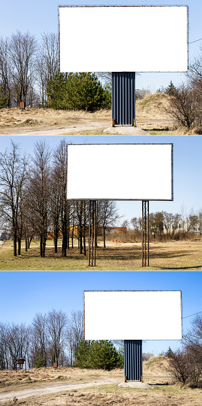 Collection of images with blank billboard on field and some trees in background. The concept of outdoor advertising.