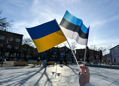 hand of a Ukrainian clenched into a fist against the background of the flag of Ukraine.
