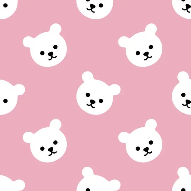 Vector illustration of Seamless children's pink pattern with white cute polar little bear head toy. Cartoon character. Vector pastel nursery background for textile, fabric, wallpaper, wrapping, newborn apparel.