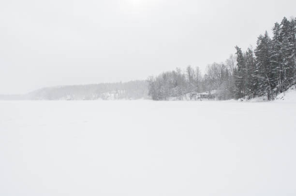 Walking on a Snow-covered frozen lake in a blizzard in Nuuksio National Park, Espoo