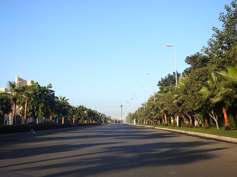Cairo, Egypt, December 16 2023: New Cairo city street with green areas on both sides of pavements, grass, trees and palm trees,  New Cairo is a satellite city within the metropolitan area of Cairo, selective focus