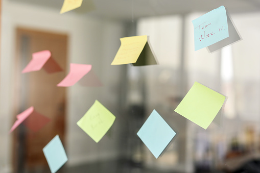Post-its Pasted on Office Window, Team Work, Adhesive Note, Innovation , Planning