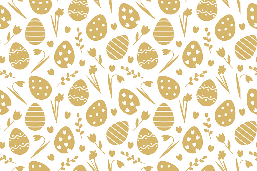 golden easter seamless pattern with eggs, tulip, snowdrops and daffodil flowers- vector illustration