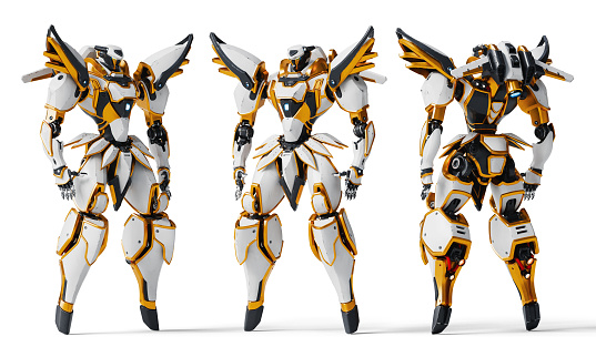 Collection, big set full body science-fiction mech samurai warrior, white, gray, gold scratched armor metal, jetpack. Concept of big military robot with heavy armor. 3d render isolated white backdrop.