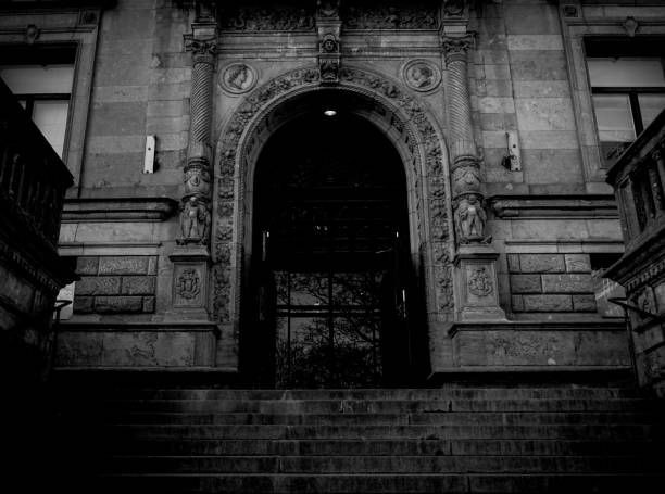 A metal door among too windows in Mogi Guaçu city, black and white