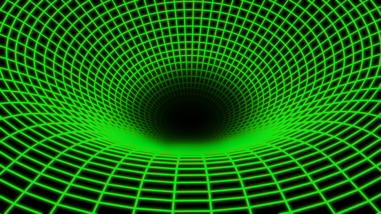 Background 3D with green neon lines, black hole space bend concept, science design  render illustration.