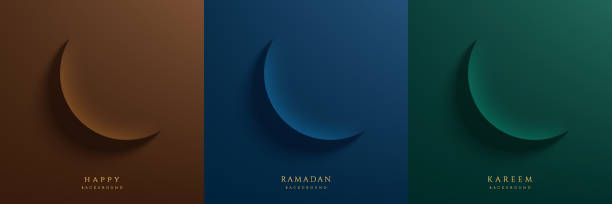 ilustrações de stock, clip art, desenhos animados e ícones de set of ramadan kareem festival background. moon in paper cut style on brown, dark blue, dark green. islamic greeting card template with eid al adha mubarak for wallpaper, poster, media banner, card. - set blue brown green