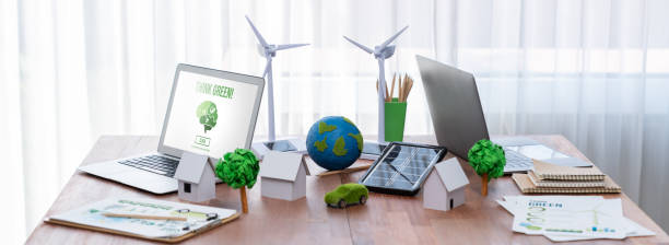istock Environment friendly company office table with various eco mockup. Trailblazing 2053023844