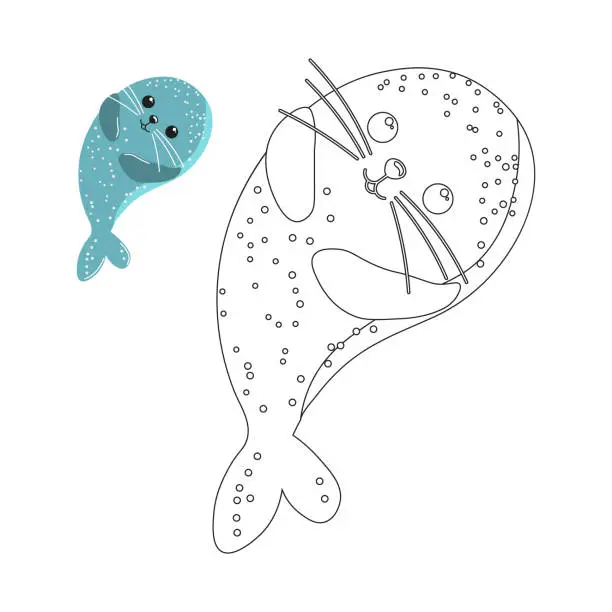 Vector illustration of Coloring book for children, cute baby whale. Illustration and sketch