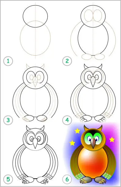 Vector illustration of Page shows how to learn step by step to draw an owl. Developing children skills for drawing and coloring. Vector image.