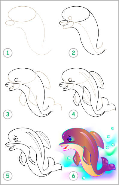 strona pokazuje, jak krok po kroku nauczyć się rysować delfina. rozwijanie umiejętności rysowania i kolorowania u dzieci. obraz wektorowy. - stepwise stock illustrations