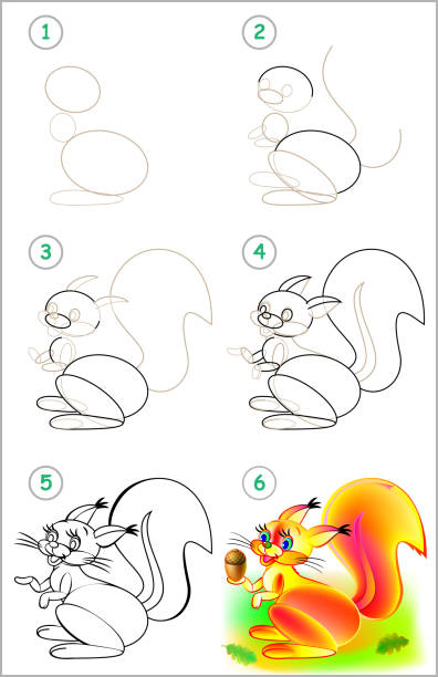 strona pokazuje, jak krok po kroku nauczyć się rysować wiewiórkę. rozwijanie umiejętności rysowania i kolorowania u dzieci. obraz wektorowy. - stepwise stock illustrations