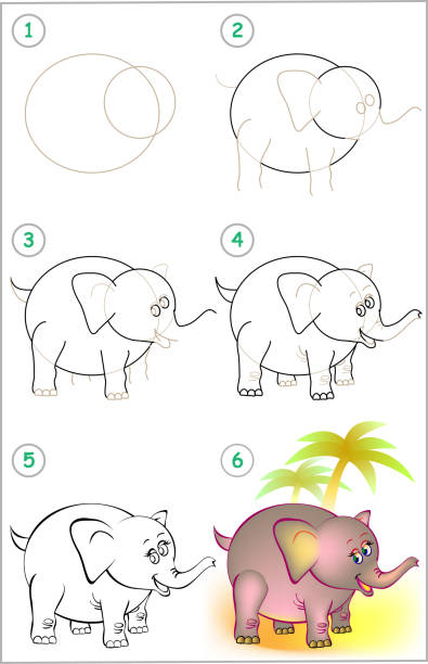 strona pokazuje, jak krok po kroku nauczyć się rysować słonia. rozwijanie umiejętności rysowania i kolorowania u dzieci. obraz wektorowy. - stepwise stock illustrations