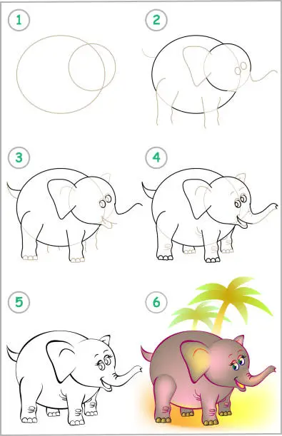 Vector illustration of Page shows how to learn step by step to draw an elephant. Developing children skills for drawing and coloring. Vector image.